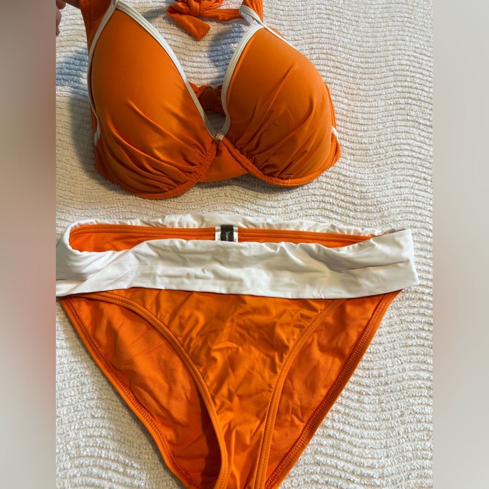 Bikini; 36DD top and M bottom.Orange with white trim.